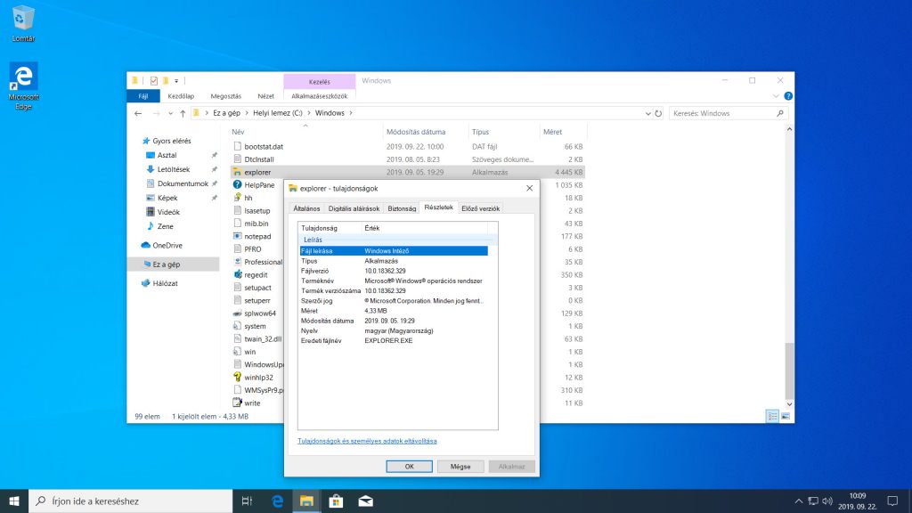 Az explorer.exe Tulajdonságok ablakának Részletek füle. Jól látható, hogy a Fájlkezelő születéskori neve Windows Intéző.