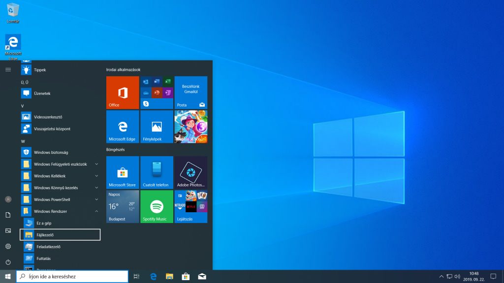 A Fájlkezelő parancsikonja a Start menü Windows Rendszer csoportjában.