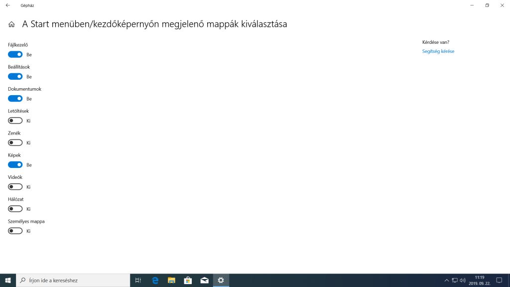 A Start menüben/kezdőképernyőn megjelenő mappák kiválasztása oldal a választható opciókkal. Láthatjuk, hogy a felhasználói mappák többségét kitehetjük a Start menübe. A Fájlkezelő parancsikonját megjelenítő opciót már bekapcsoltuk.