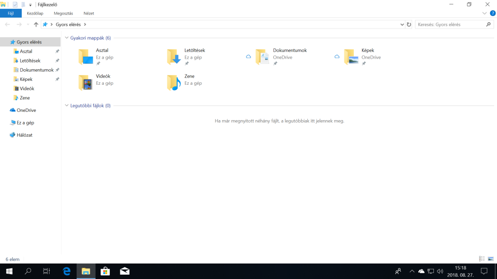 A képen a Windows 10 Fájlkezelő ablaka látható első indítást követő állapotában, teljes méretűre nagyítva.