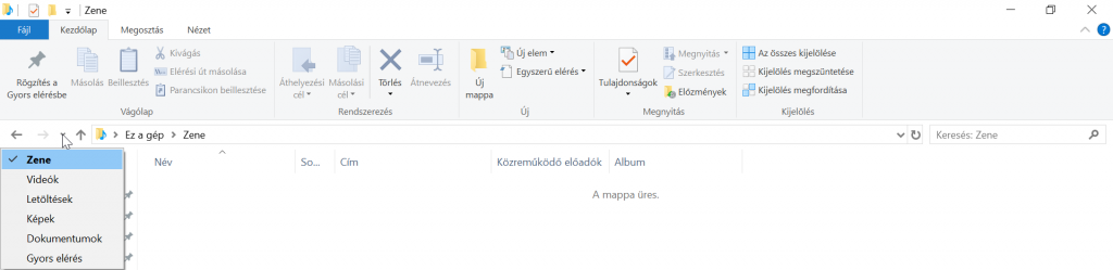 A Legutóbbi helyek lista mutatja a korábban felkeresett mappákat, fordított időrendi sorrendben.