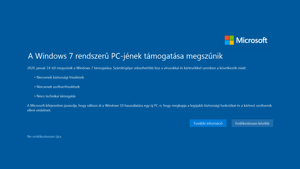 A Windows 7 támogatásának megszűnése képernyő a W7-ből