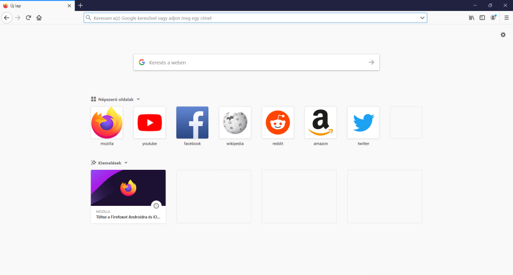 A Mozilla Firefox kezdőképernyője.