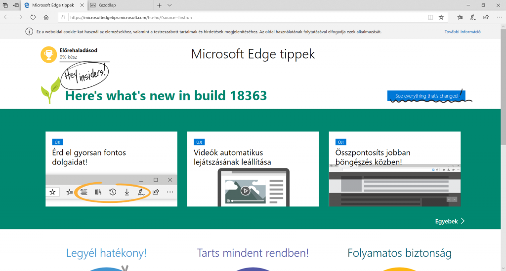 A Microsoft Edge kezdőképernyője.