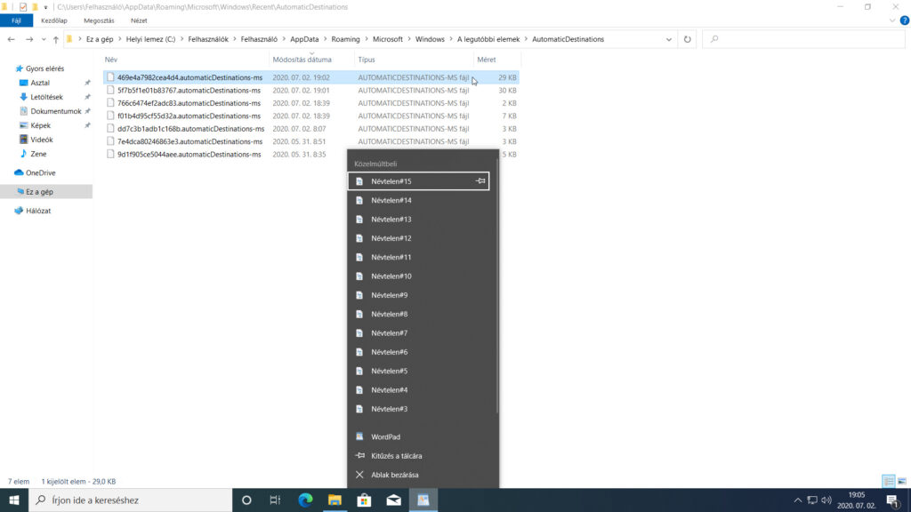5. ábra: „Most megcsípjük Oszi...” – sikerült megtalálni a WordPad gyorslistájához tartozó *.automatic.Destinations-ms fájlt, ott figyel a lista tetején.