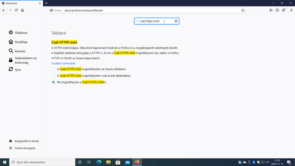 A Csak HTTPS mód opció választási lehetőségei