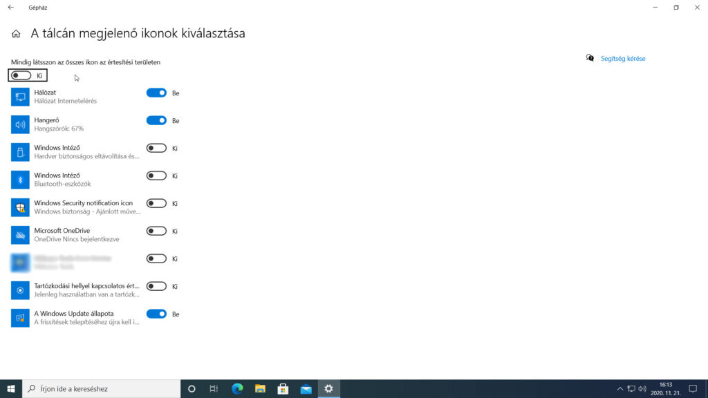 A Gépház / Személyre szabás / Tálca / A tálcán megjelenő ikonok kiválasztása panel opciói az értesítési területen megjelenő ikonok listájával.