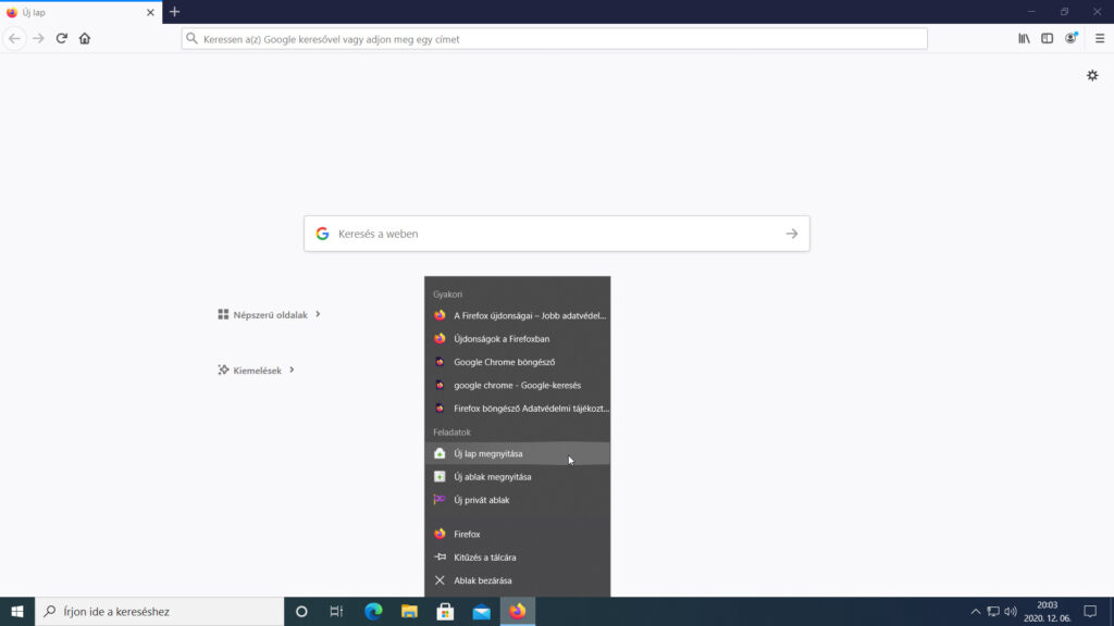 3. ábra: A Mozilla Firefox ikonjához tartozó gyorslista a Feladatok szakasszal.