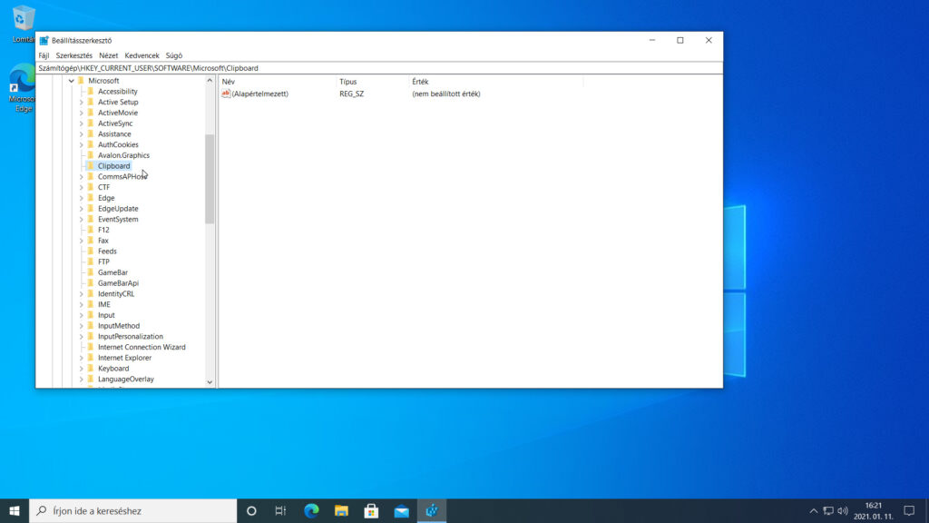 6. ábra: Másoljuk be a HKEY_CURRENT_USER\Software\Microsoft\Clipboard útvonalat a szerkesztőmezőbe, majd üssük le az Enter billentyűt!