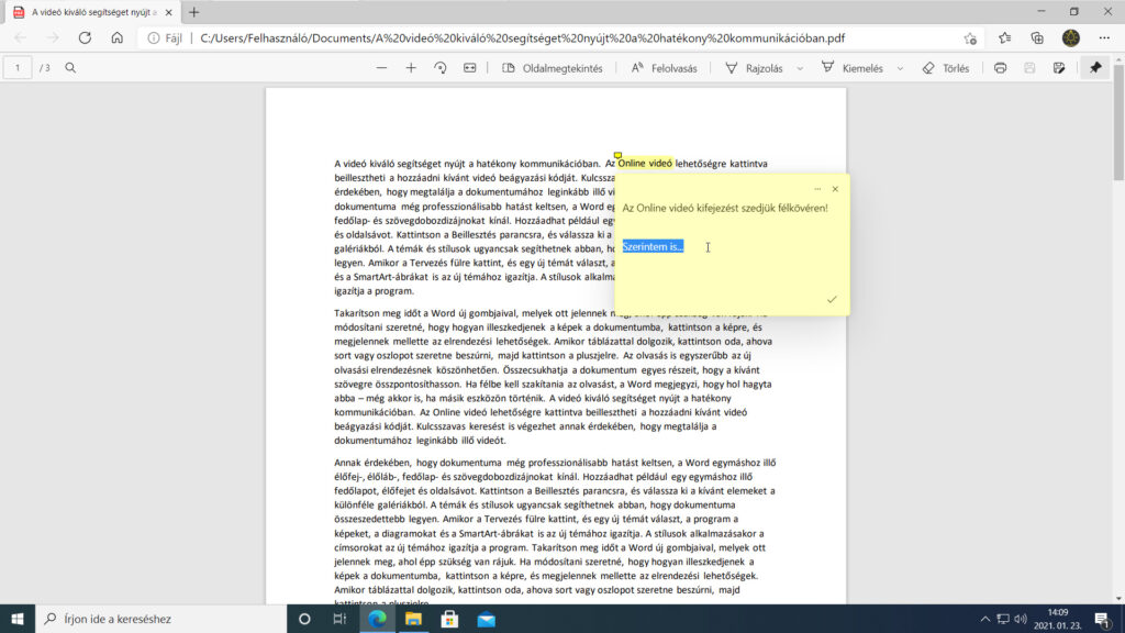 14. ábra: A 87-es kiadástól kezdve már közvetlenül szerkeszthetjük a PDF fájlban elhelyezett megjegyzéseket.