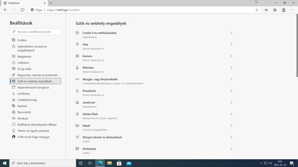1. ábra: Az utolsó 87-es verzió Sütik és webhely engedélyek oldalának tartalma.