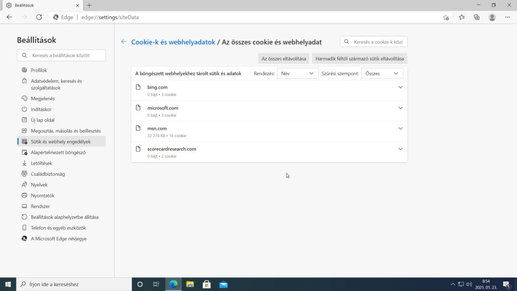 3. ábra: Az összes cookie és webhelyadat oldalon szűrhetjük és sorba rendezhetjük a sütiket.