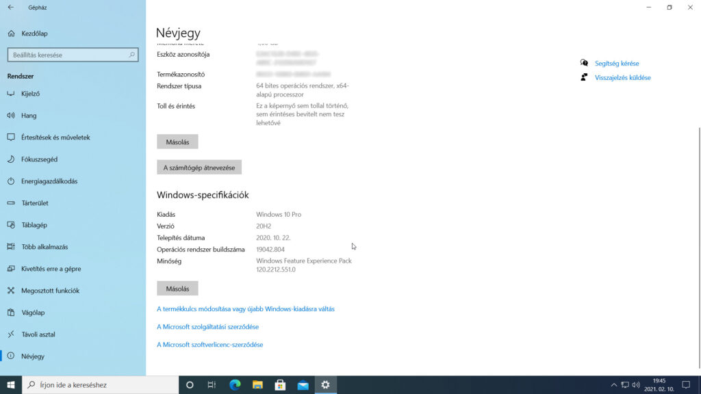 1. ábra: A Windows 10 névjegyét a Gépház/ Rendszer / Névjegy oldal Windows-specifikációk szakasza tartalmazza.