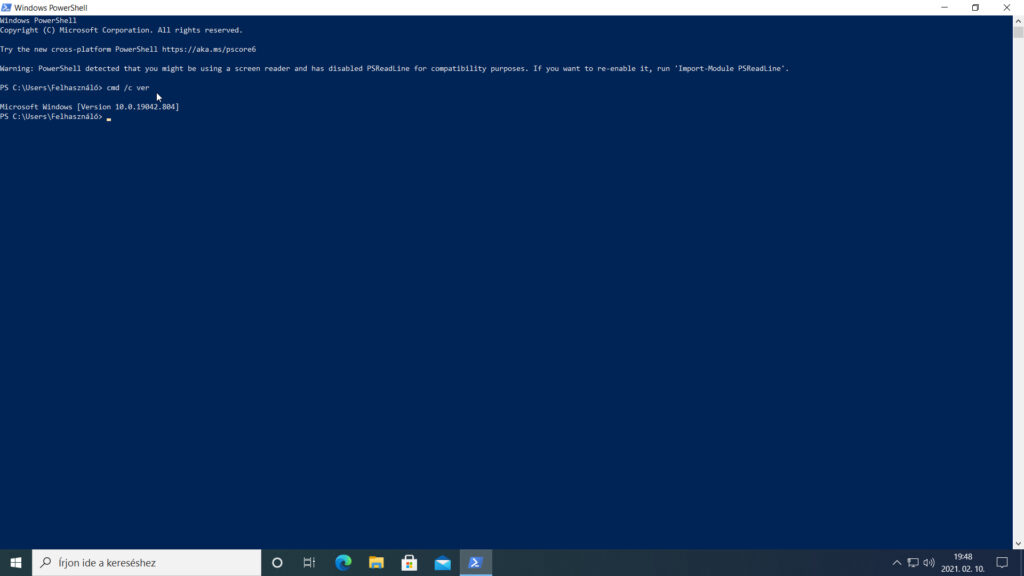 6. ábra: A PowerShell ablakában is futtathatjuk a CMD felület ver parancsát.