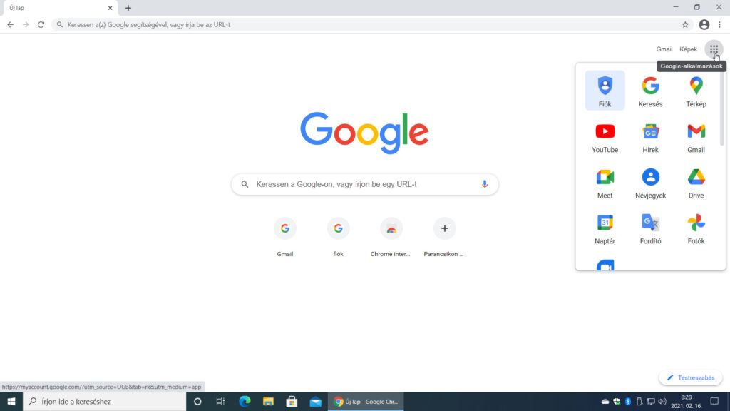 3. ábra: A kezdőoldal Gmail linkje, és a Google-alkalmazások lista Fiók gombja. Erről az oldalról vagy a Gmail linkkel, vagy a Google-alkalmazások lista Fiók gombjával léphetünk tovább.
