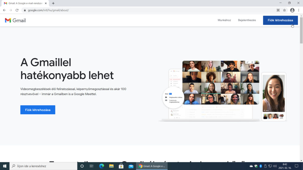 4. ábra: Ha a Gmail linket választottuk, és még nem használtuk a Chrome-ot, akkor A Gmaillel hatékonyabb lehet oldalt kapjuk. Innen a Fiók létrehozása gombbal lépjünk tovább!