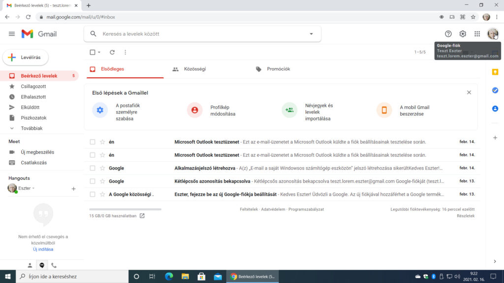 8. ábra: Ha már használunk Google-fiókot, akkor a Gmail felületén a Google-fiók gombot keressük meg, majd…