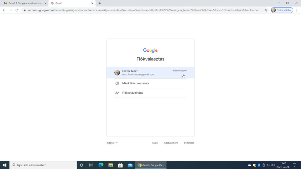 10. ábra: A Fiókválasztás oldalra jutva bezártnak tekinthetjük a Gmail postafiókot és a Google-fiókot.