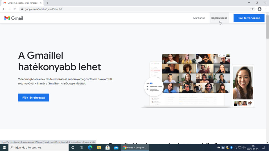 1. ábra: Ha a Chrome böngészőt frissen telepítettük, vagy egy olyan saját vagy nyilvános számítógépen dolgozunk, amelyen még soha nem használtuk vagy használtak Google-fiókot, akkor a Gmail: A Google e-mail rendszere oldalra jutunk, ahol a Bejelentkezés linkkel léphetünk tovább.