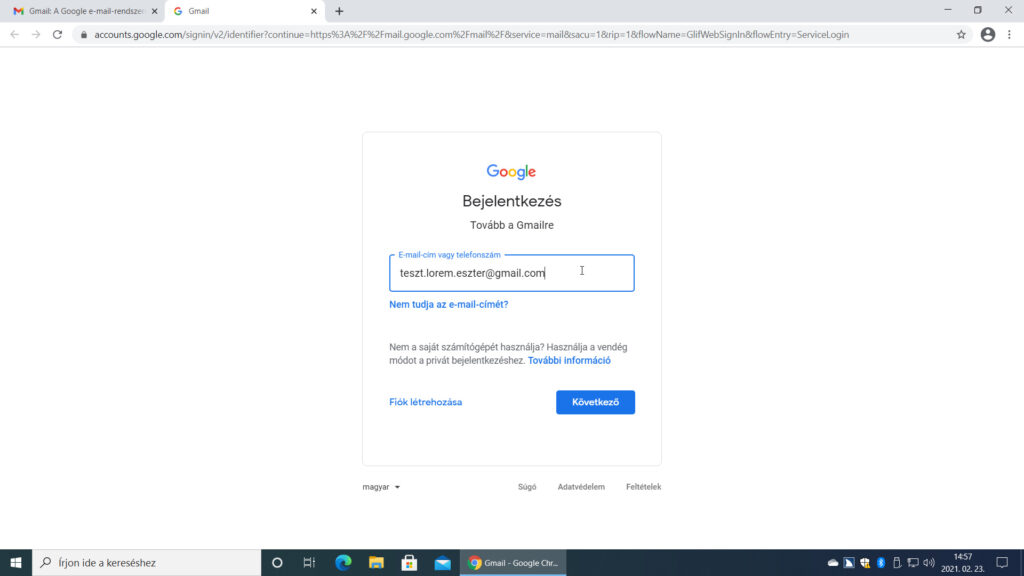 2. ábra: A Bejelentkezés oldalon adjuk meg Google-fiókunk e-mail címét, majd üssük le az Enter billentyűt!