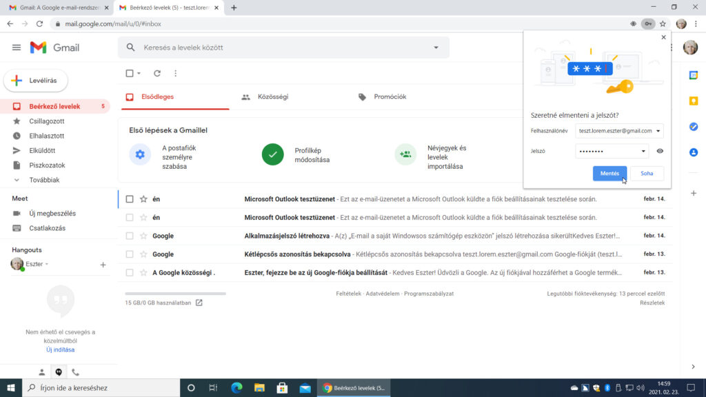4. ábra: Ha mindkét adatot helyesen adtuk meg, akkor jutalmunk a Gmail postafiók kezelőfelülete. Ne feledkezzünk meg a Szeretné elmenteni a jelszót? panelről: lépjünk rá az F6 funkcióbillentyűvel, majd válasszuk a Mentés vagy a Soha gombot attól függően, hogy engedélyezzük-e a bejelentkezési adatok megjegyzését vagy sem.