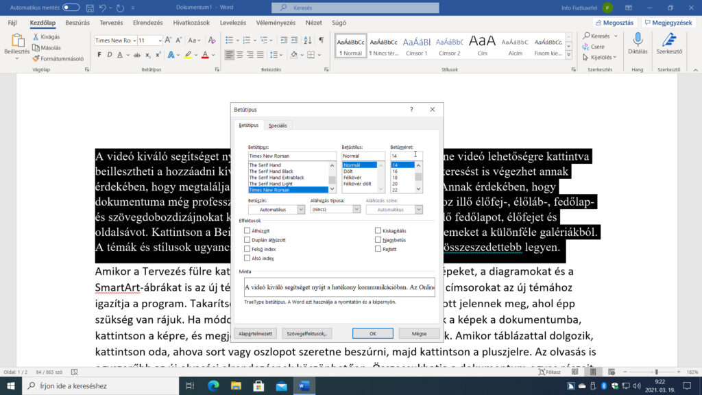 2. ábra: A Ctrl+Shift+P billentyűparanccsal a Betűtípus párbeszédablak Betűméret kombinált szerkesztőmezőjéhez férhetünk hozzá.