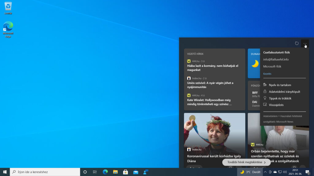 4. ábra: Az eszköztárhoz tartozó panel a Microsoft News hírportál információs kártyáinak tartalmát mutatja. A jobb felső sarokban található Beállítások menü az aktív Microsoft-fiókkal és a panel egészével kapcsolatos parancsokat tartalmaz.