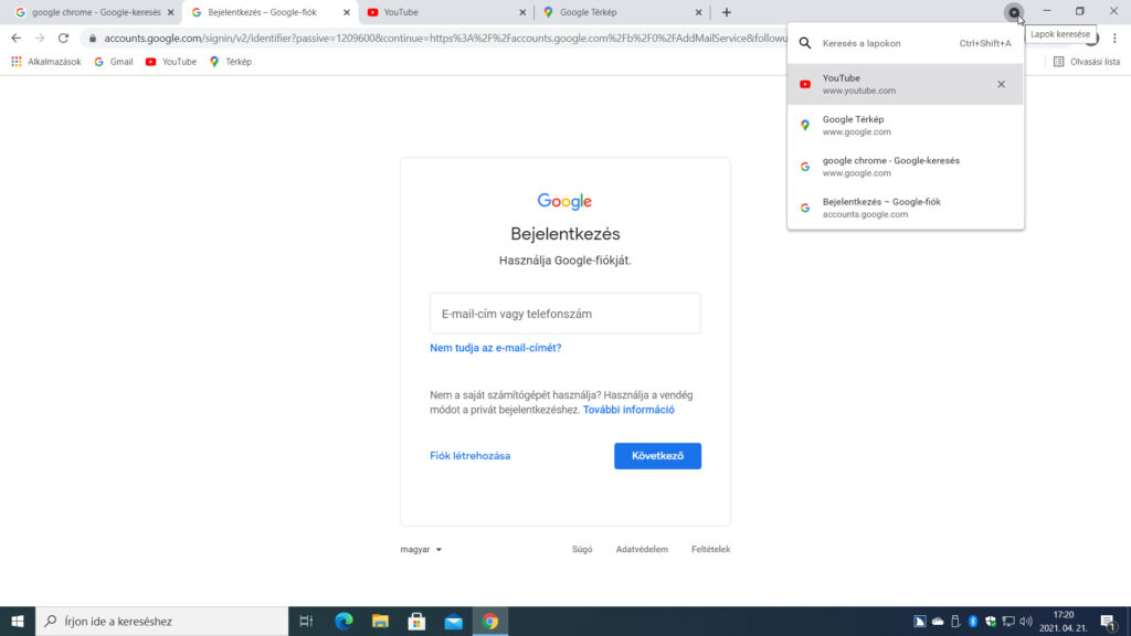 A Ctrl+Shift+A billentyűparanccsal nyithatjuk meg a Lapok keresése gombmenüt, amellyel a megnyitott weboldalak között kereshetünk.