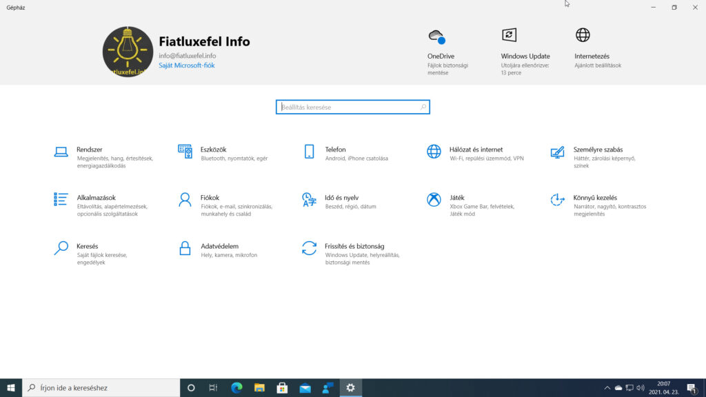 2. ábra: A Beta Channel Gépház nyitóoldala a jobb felső sarokban az Internetezés állapotinformációval.