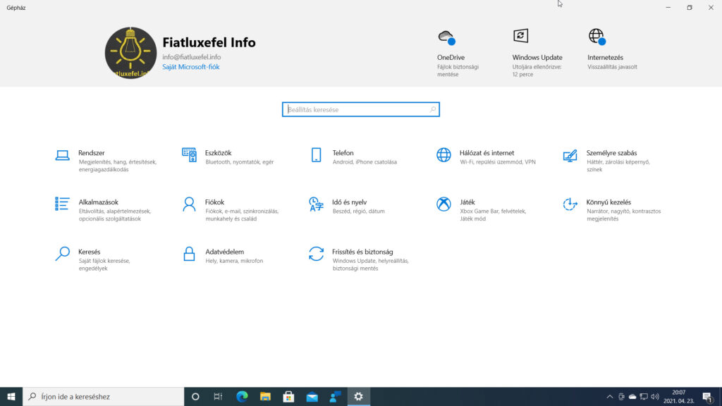 3. ábra: A Release Preview Channel Gépház nyitóoldala a jobb felső sarokban az Internetezés állapotinformációval.