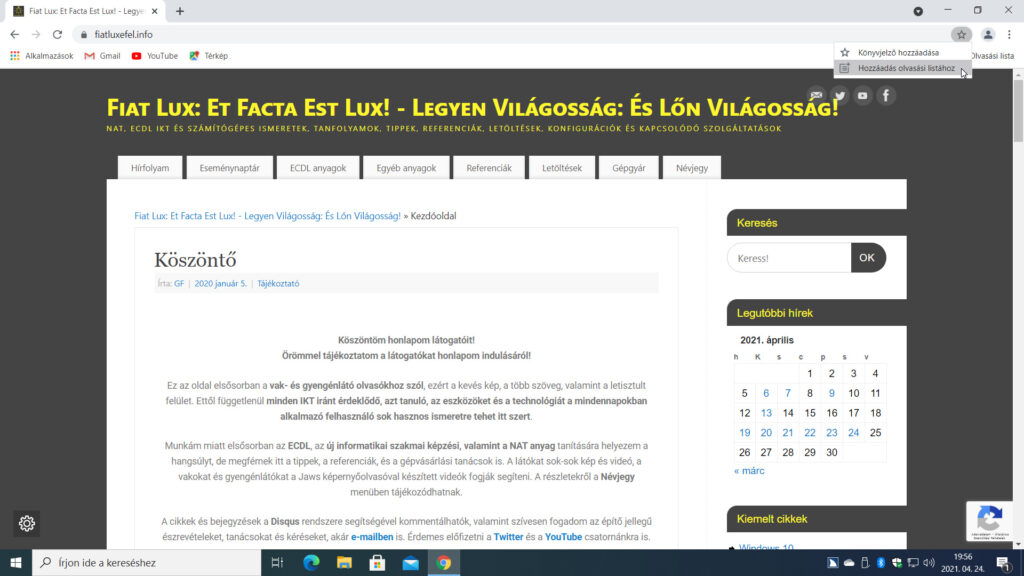 2. ábra: Az aktuális weboldalt a Lap hozzáadása a könyvjelzőkhöz gombmenüben elhelyezett Hozzáadás olvasási listához paranccsal vehetjük fel az Olvasási listára.