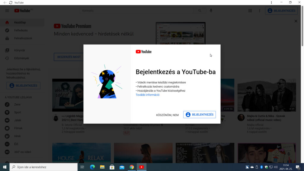 5. ábra: Ha sikerrel járunk, elindul a YouTube alkalmazás, és az Asztalra is kapunk egy YouTube ikont. Az alkalmazás egy mindentől megfosztott böngészőablaknak tűnik, mindössze a címsávon kapunk néhány kezelőszervet.