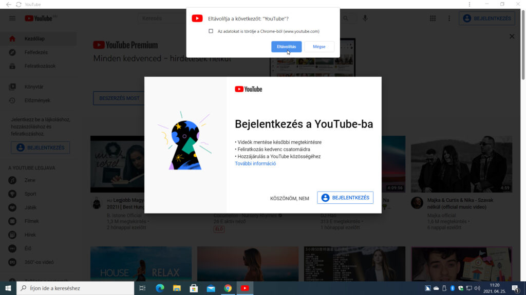 8. ábra: A YouTube alkalmazást legegyszerűbben az alkalmazás YouTube eltávolítása parancsával távolíthatjuk el a rendszerből. Az Eltávolítja a következőt: "YouTube"? panelben még a nyomkövető sütiket is töröltethetjük nem csak az alkalmazásból, hanem a Chrome-ból is.