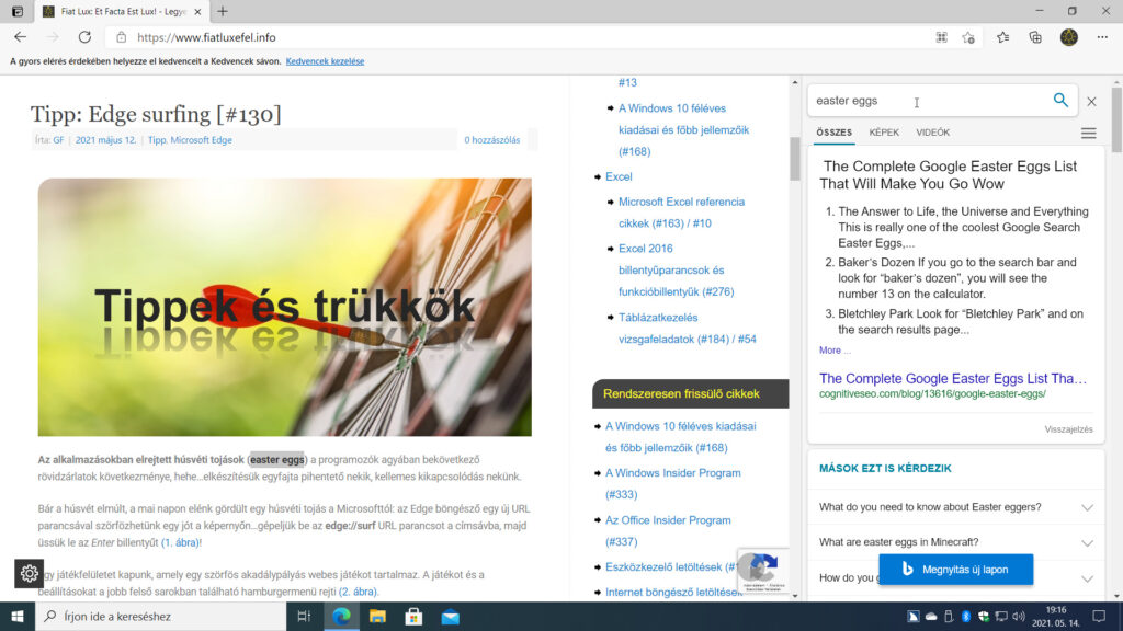 1. ábra: A Ctrl+Shift+E billentyűparanccsal az "easter eggs" szavakra kerestünk rá, a találatokat pedig az oldal elhagyása nélkül, az Oldalsáv keresés funkció nevű oldalsávon kaptuk meg.