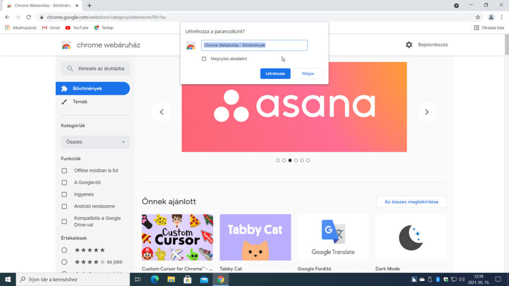 1. ábra: Az aktuális weboldalhoz parancsikont készíthetünk a További eszközök / Parancsikon létrehozása (Alt+E, T, P) paranccsal.