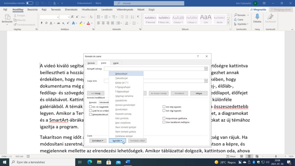 2. ábra: A képernyőképen a Microsoft 365 Word alkalmazásablakában a Keresés és csere párbeszédpanel Csere erre szerkesztőmezőjéhez tartozó speciális karakterek listáját látjuk.