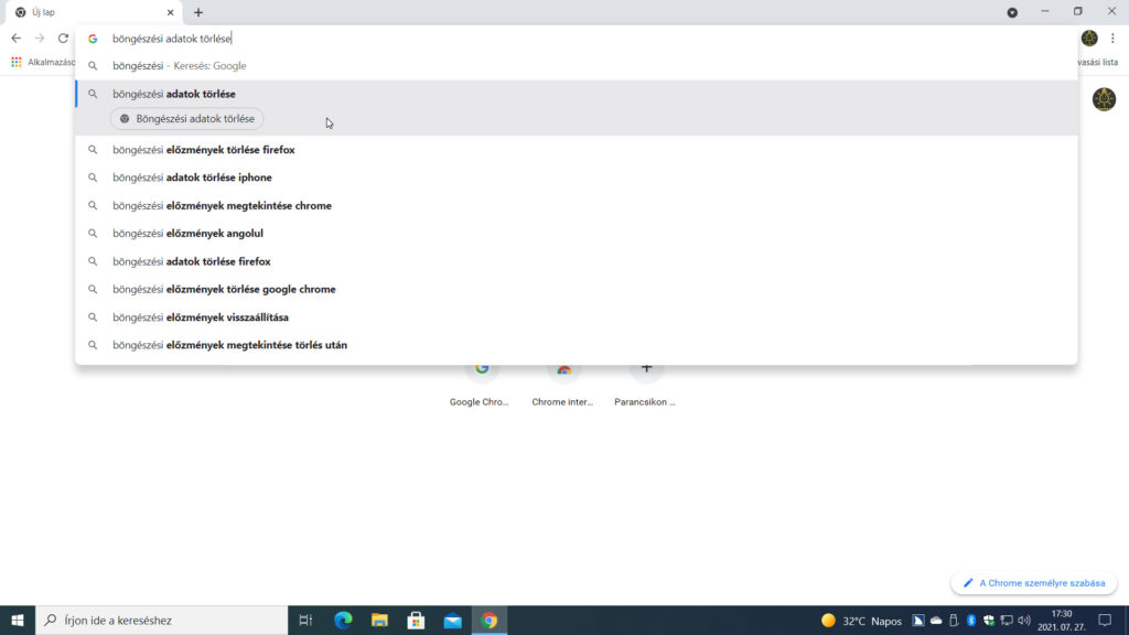 1. ábra: A böngészési adatok törlése Chrome-művelet begépelését követően a találatok között megjelenik a Böngészési adatok törlése művelet gomb.