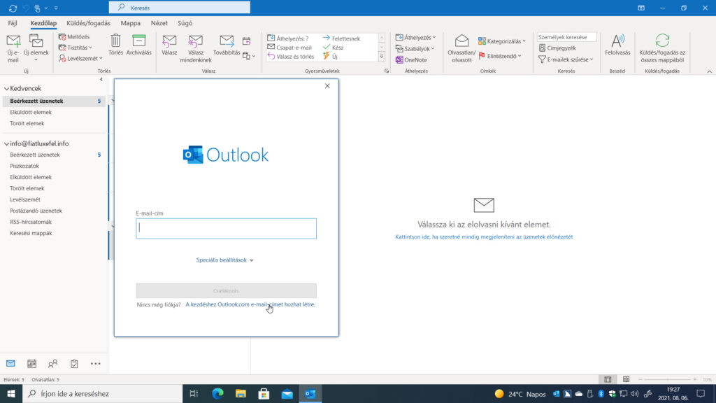 3. ábra: Új fiók felvételénél az Outlook felkínálja egy új Microsoft-fiók készítését is.