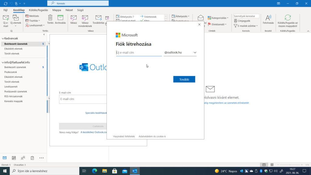 4. ábra: Ha kiválasztjuk A kezdéshez Outlook.com e-mail-címet hozhat létre. linket, akkor máris a Fiók létrehozása ablakban találjuk magunkat.