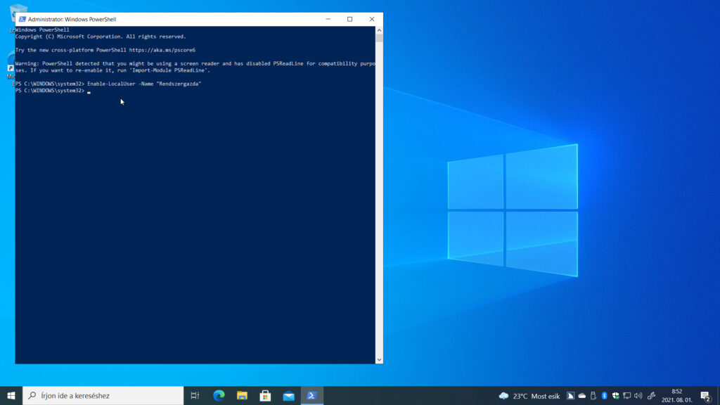 9. ábra: A Windows PowerShellben is engedélyezhetjük a Rendszergazda fiókot.