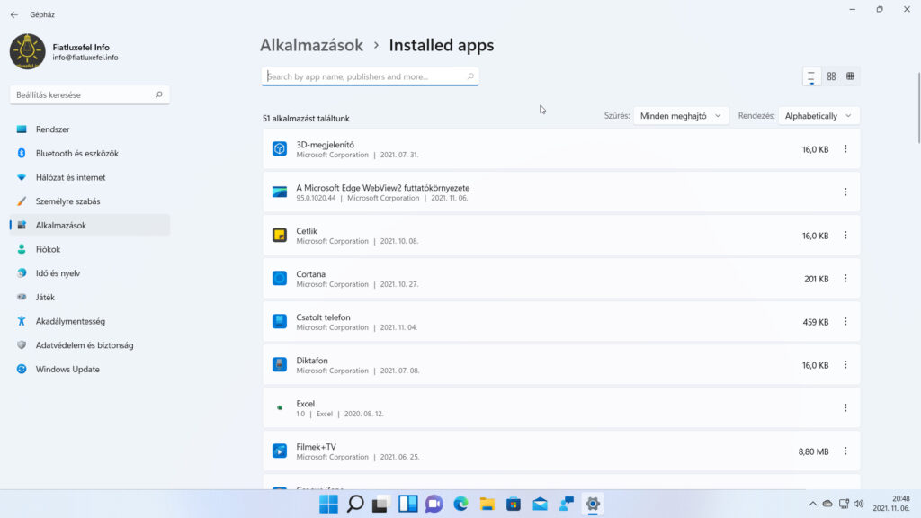 4. ábra: A Gépház / Alkalmazások / Installed apps oldal a telepített alkalmazások eltávolítását és kezelését kínálja fel.