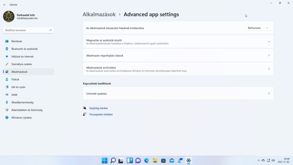 5. ábra: A Gépház / Alkalmazások / Advanced app settings oldal további beállítási lehetőségeket nyújt a telepített alkalmazások kezeléséhez.