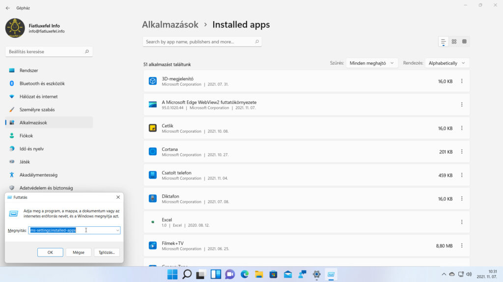 6. ábra: Az Installed apps oldalt az ms-settings:installed-apps URI hivatkozással is elérhetjük.