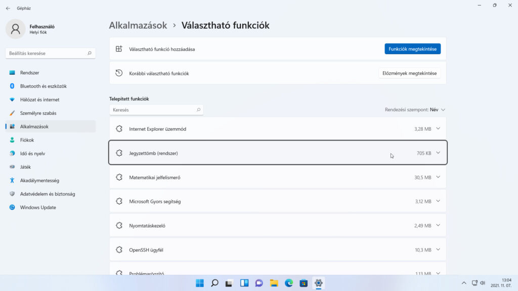 8. ábra: A Gépház / Alkalmazások / Választható funkciók oldalon a Windows 11 beépített funkcióihoz férhetünk hozzá, például eltávolítva a feleslegessé nyilvánítottakat, vagy új funkciókkal bővítve a rendszert.