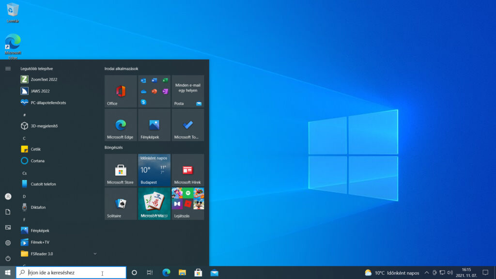 1. ábra: A Windows 10 Start menüje – tartalma eltérő minden felhasználó számítógépén.