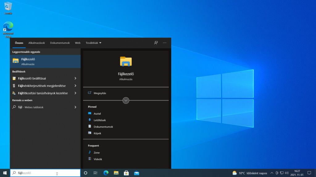 3. ábra: A Windows 10 Start menüjének találatlistája.