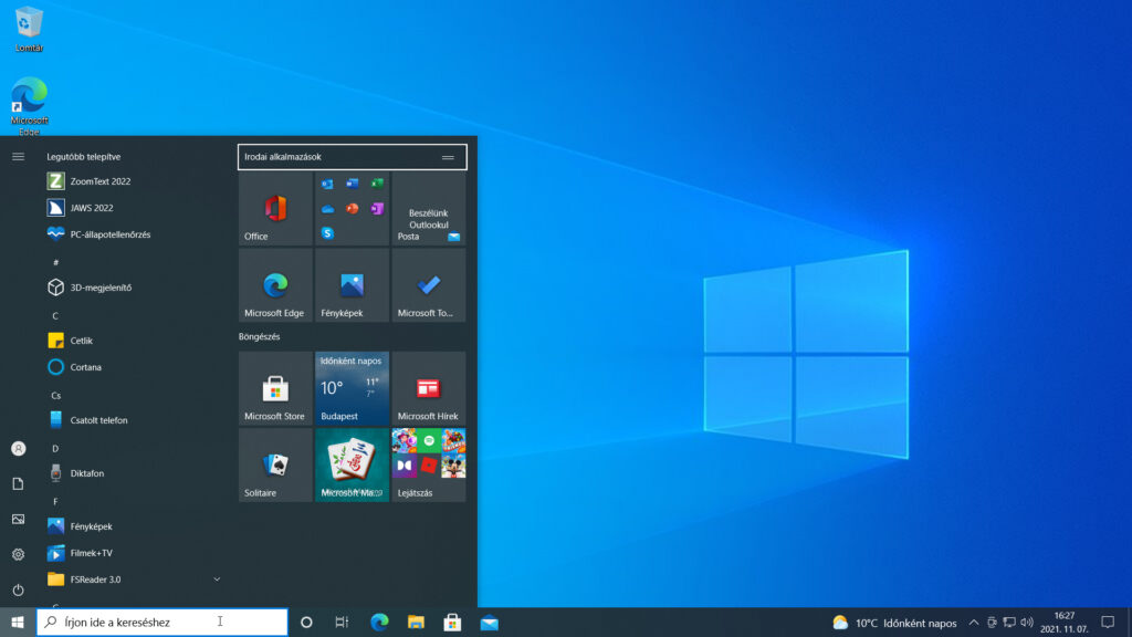 5. ábra: A fókusz a Windows 10 Start menü Irodai alkalmazások nevű csempecsoportjának nevén áll.