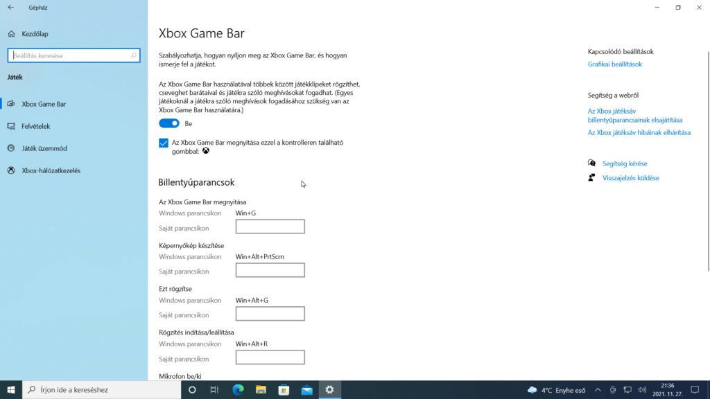 4. ábra: Az Xbox Game Bar beállításai a Gépház / Játék / Xbox Game Bar oldalon.