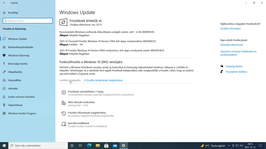 Ábra: A Gépház / Frissítés és biztonság / Windows Update oldalon mielőbb térjünk át a legfrissebb 21H2 általános elérhetőségi csatorna kiadásra!