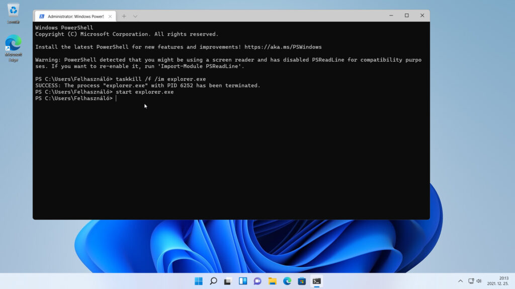 8. ábra: Nem csak a Feladatkezelővel, hanem a Windows PowerShell segítségével is újraindíthatjuk a Windows Intéző folyamatot.